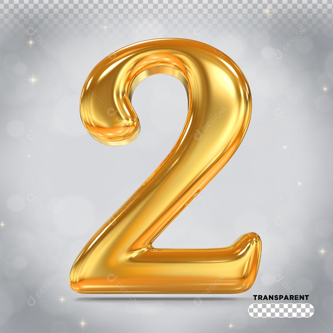Elemento 3D Número 2 Dourado Para Composição PSD