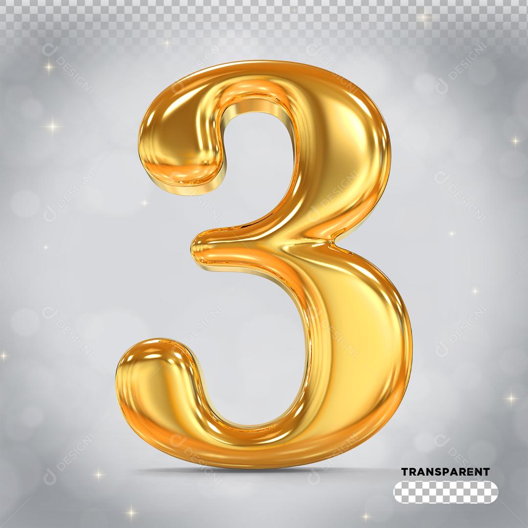 Elemento 3D Número 3 Dourado Para Composição PSD