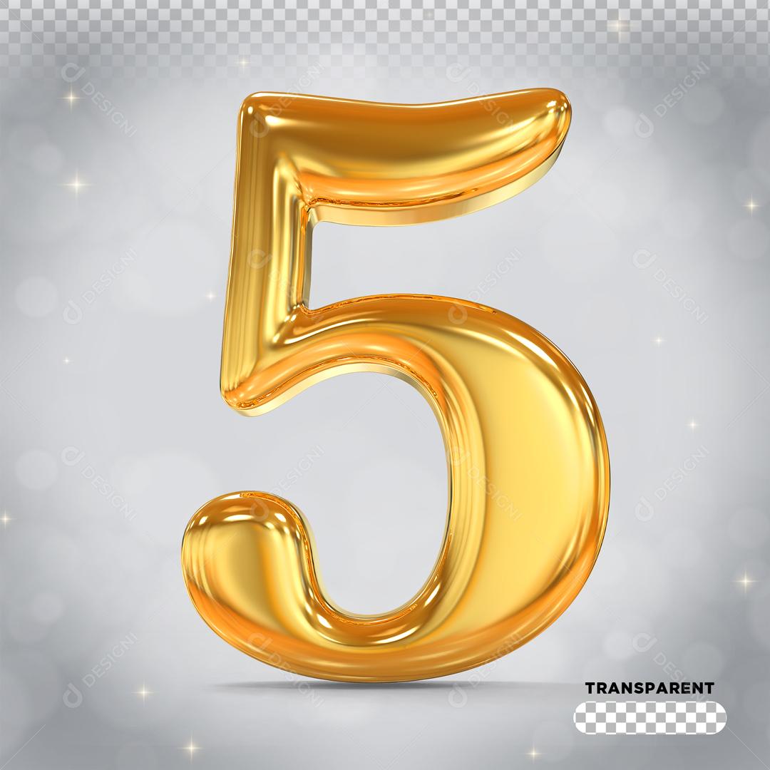 Elemento 3D Número 5 Dourado Para Composição PSD