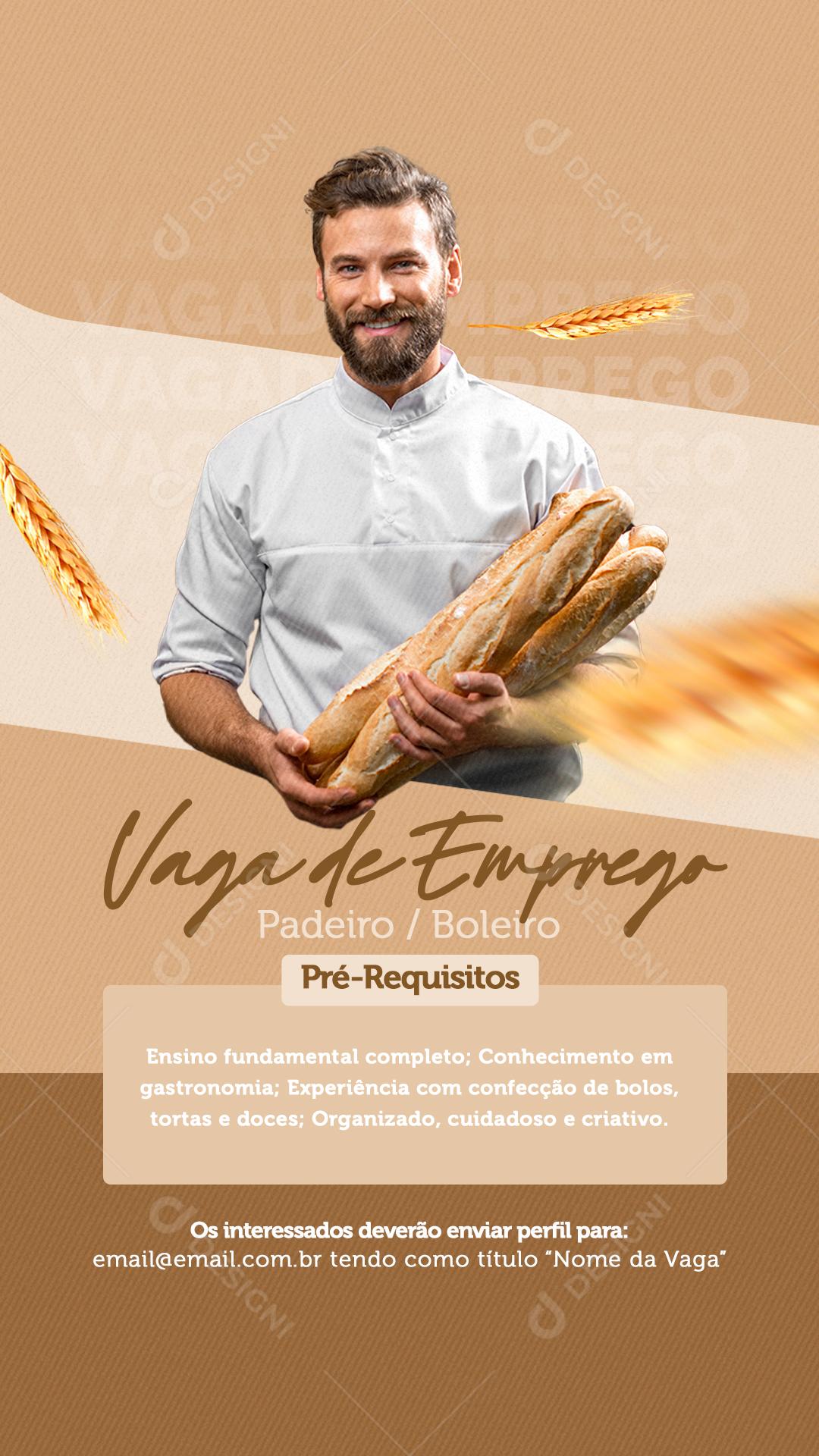 Social Media Vaga de Emprego Padeiro Boleiro Story PSD Editável