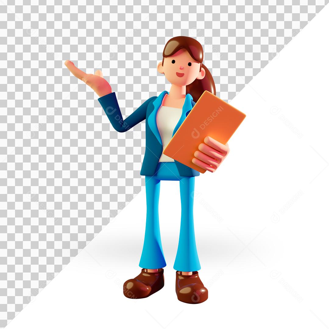Elementos 3D Para Composição Mulher Pessoa Apontando O Dedo Pra Cima Com Placa Na Mão Social Media PSD Editável