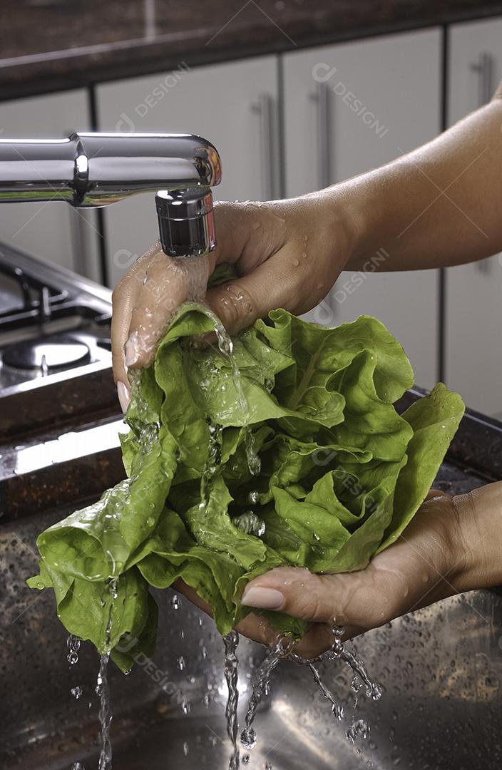 Alface sendo lavada na pia da cozinha