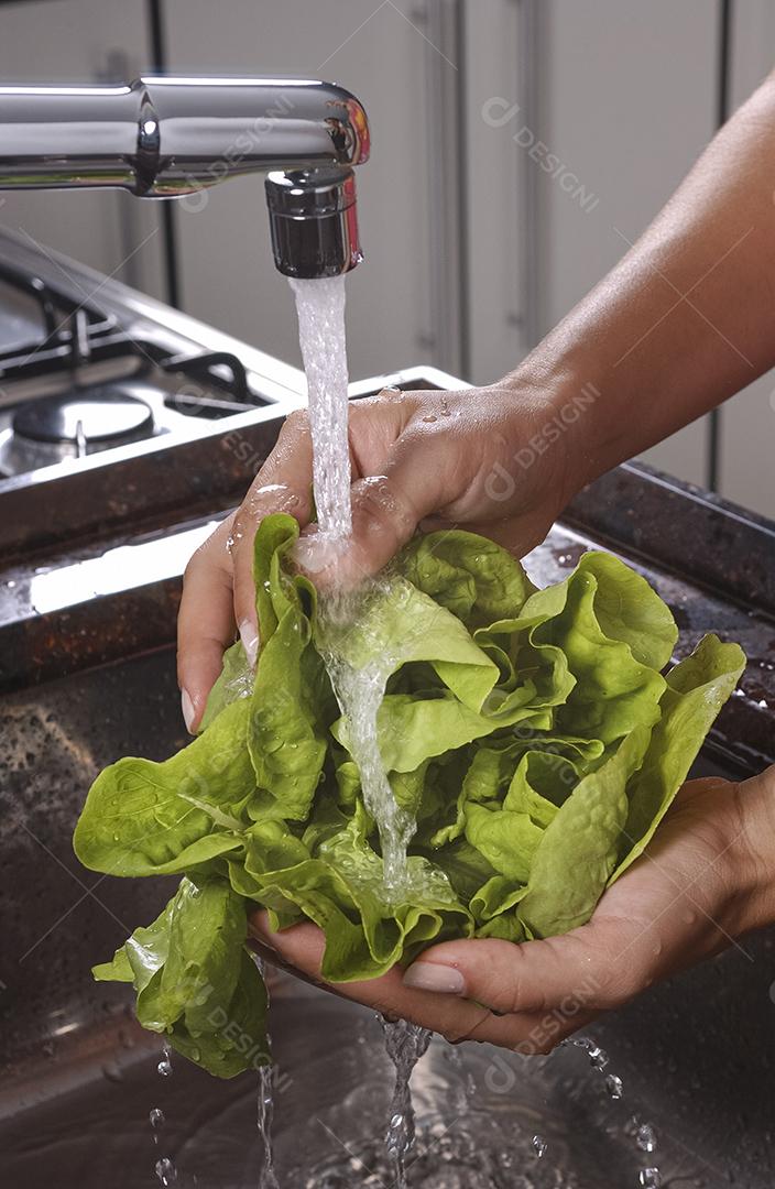 Alface sendo lavada na pia da cozinha