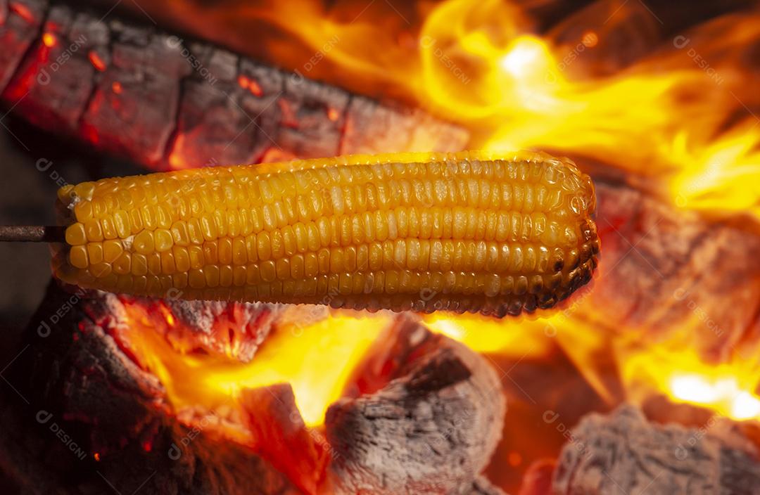 Milho assado na fogueira do festival de São João. Iguaria tradicional das festividades juninas no Nordeste do Brasil. Comida e gastronomia