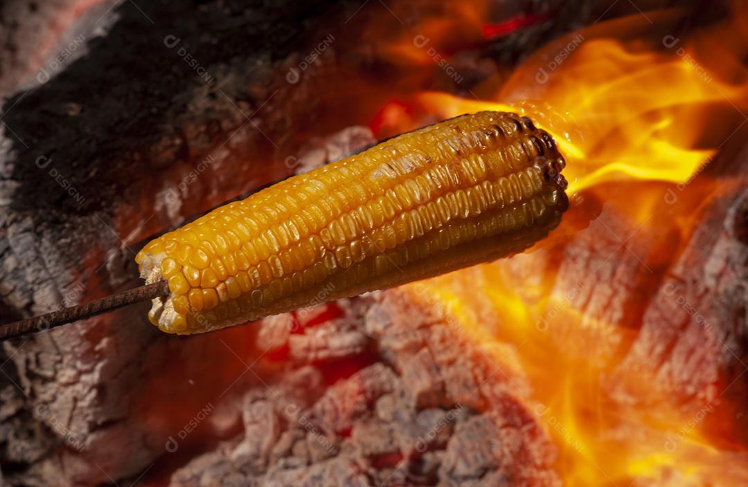Milho assado na fogueira do festival de São João. Iguaria tradicional das festividades juninas no Nordeste do Brasil. Comida e gastronomia