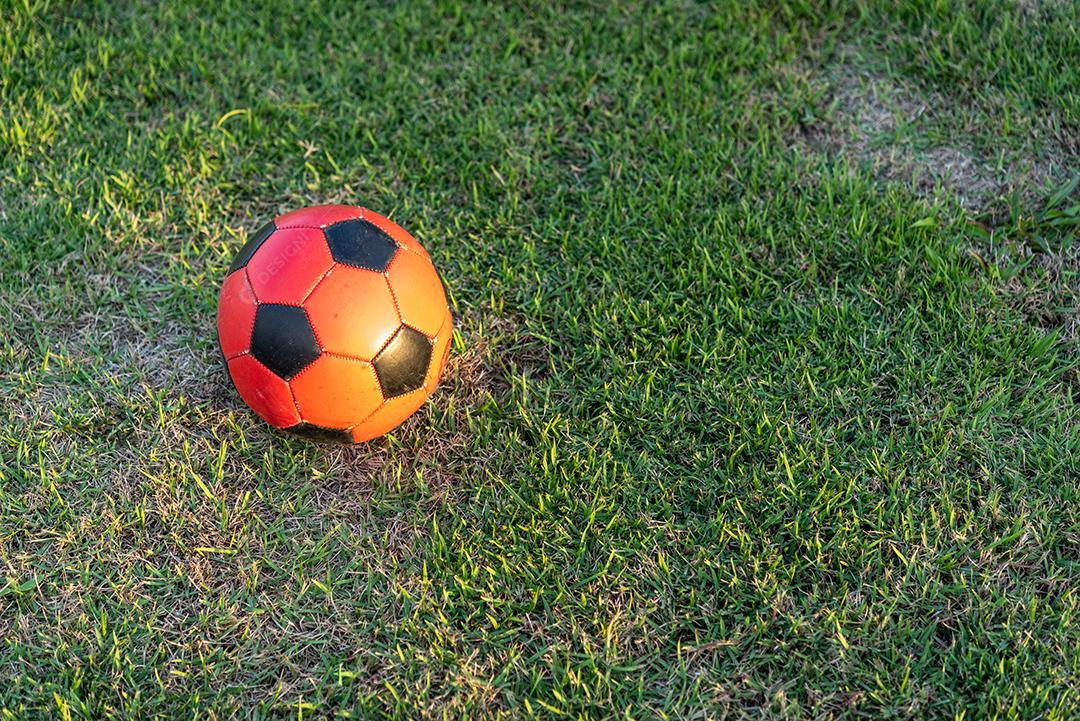 Bola de futebol rubro-negra no gramado.