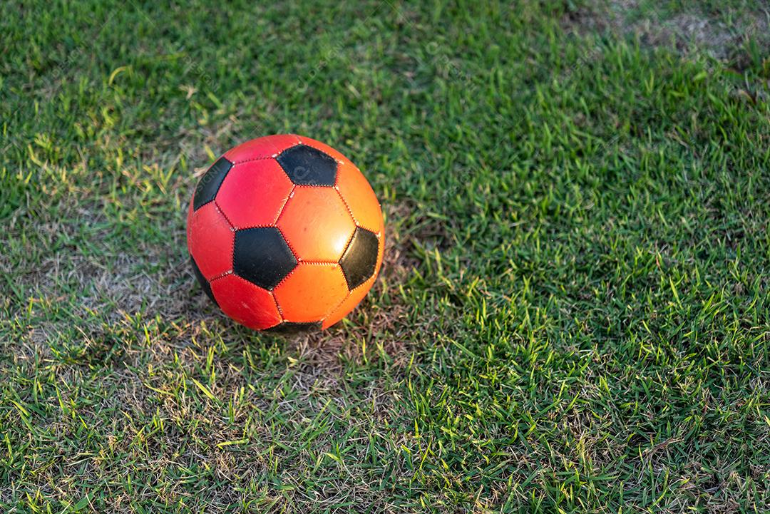 Bola de futebol rubro-negra no gramado.