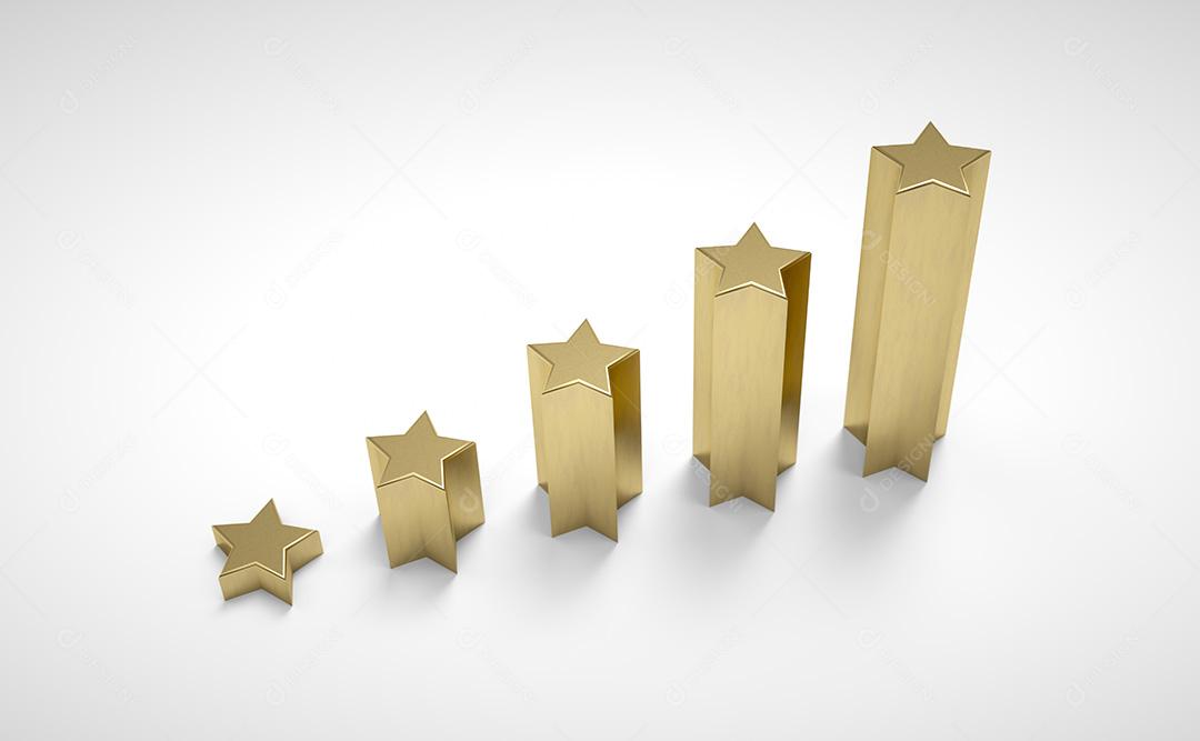 Classificação de qualidade cinco estrelas amarelas em branco. Nível famoso. Renderização 3D