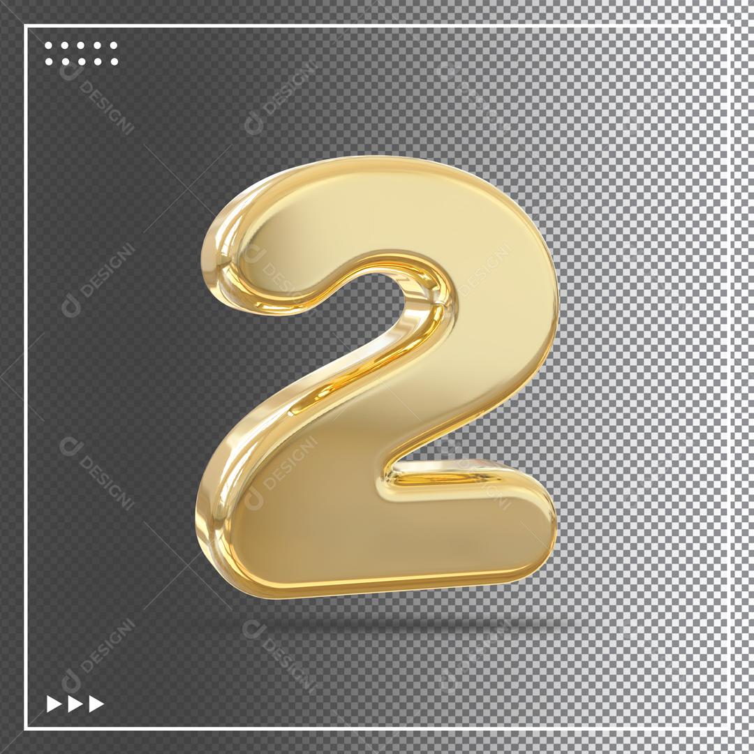 Elemento 3D Número 2 Dourado Para Composição PSD