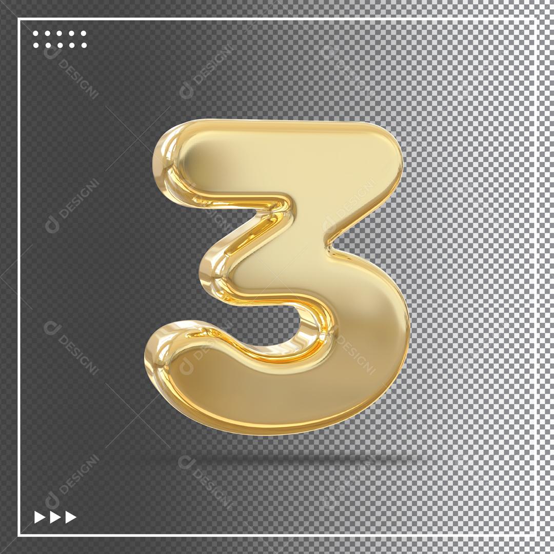 Elemento 3D Número 3 Dourado Para Composição PSD