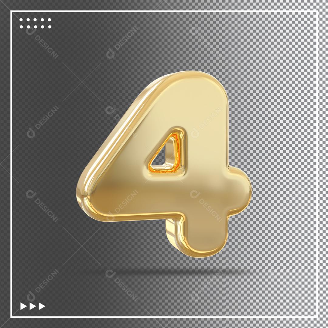 Elemento 3D Número 4 Dourado Para Composição PSD