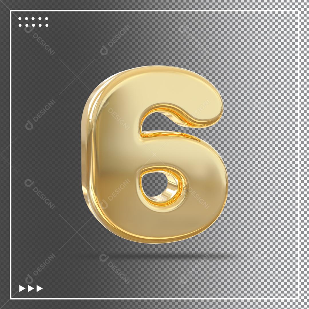 Elemento 3D Número 6 Dourado Para Composição PSD