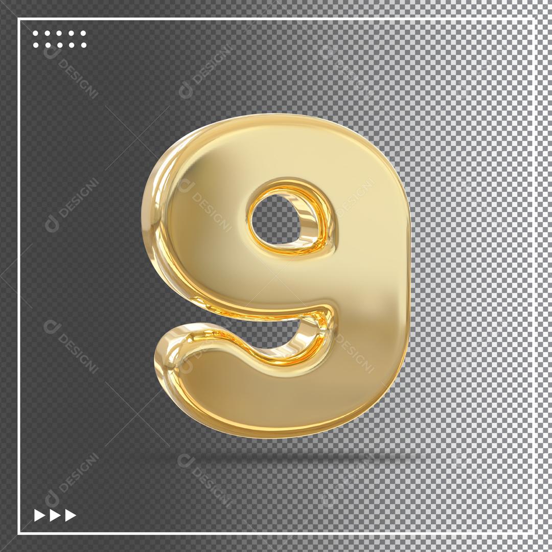 Elemento 3D Número 9 Dourado Para Composição PSD