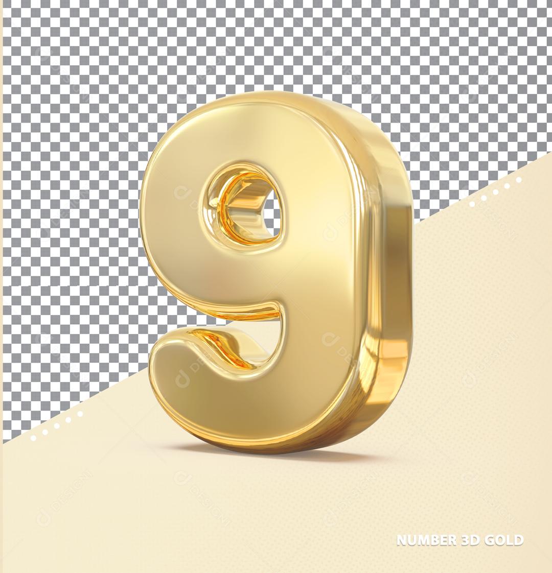 Número 9 Dourado Elemento 3D Para Composição PSD