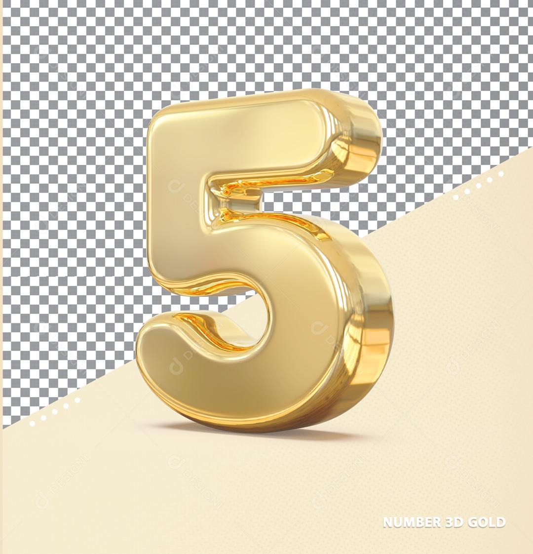 Número 5 Dourado Elemento 3D Para Composição PSD