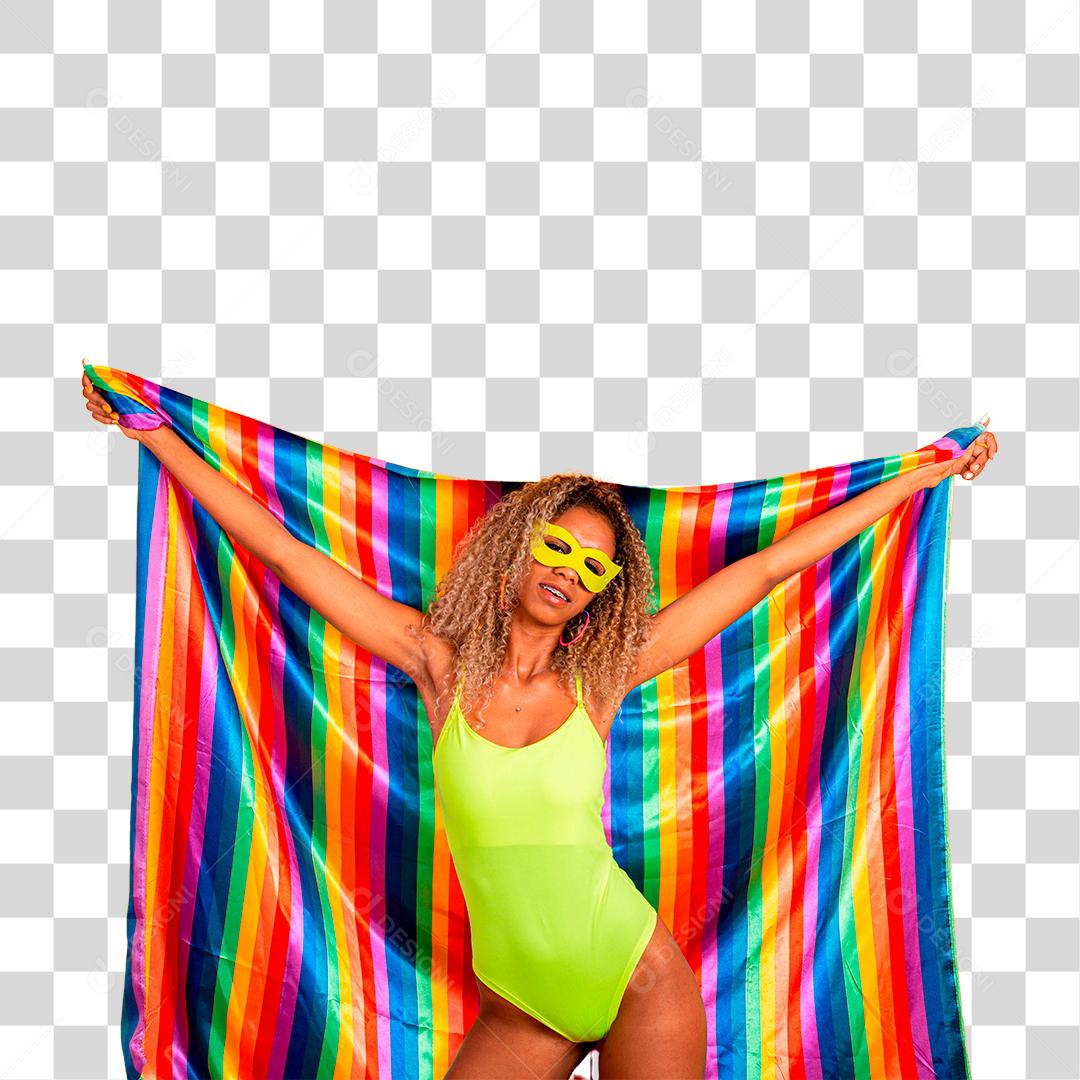 Mulher jovem de cabelo encaracolado fantasiada curtindo a festa de carnaval