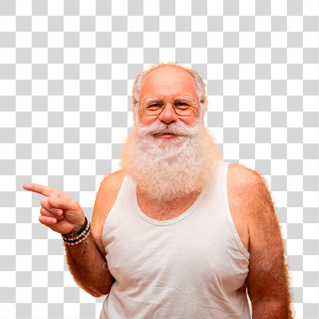Velho com uma longa barba apontando para o lado