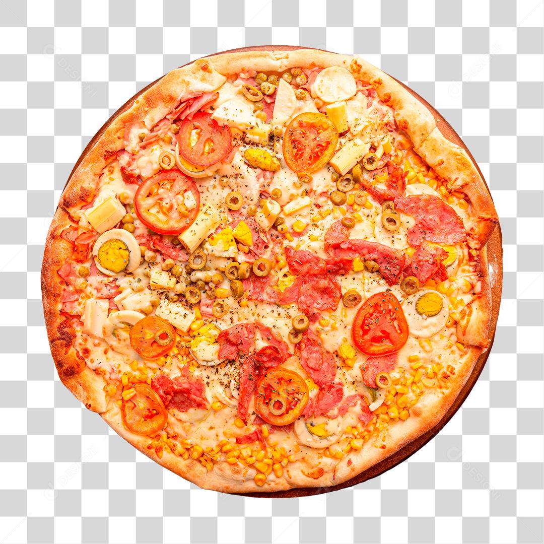 Pizza caseira com tomate azeitona queijo e outros ingredientes PNG Transparente