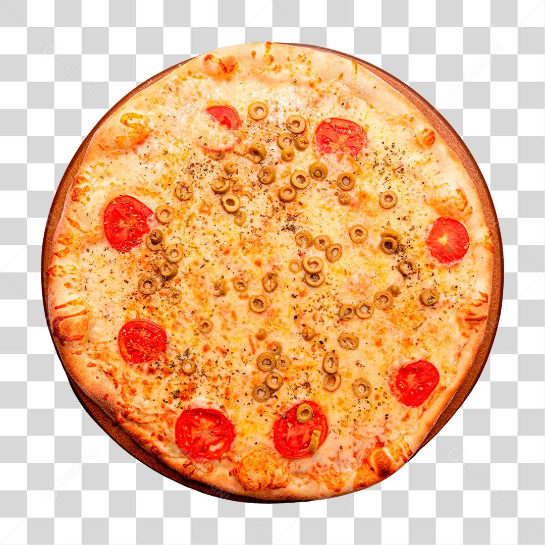 Pizza caseira com tomate azeitona queijo e outros ingredientes PNG Transparente