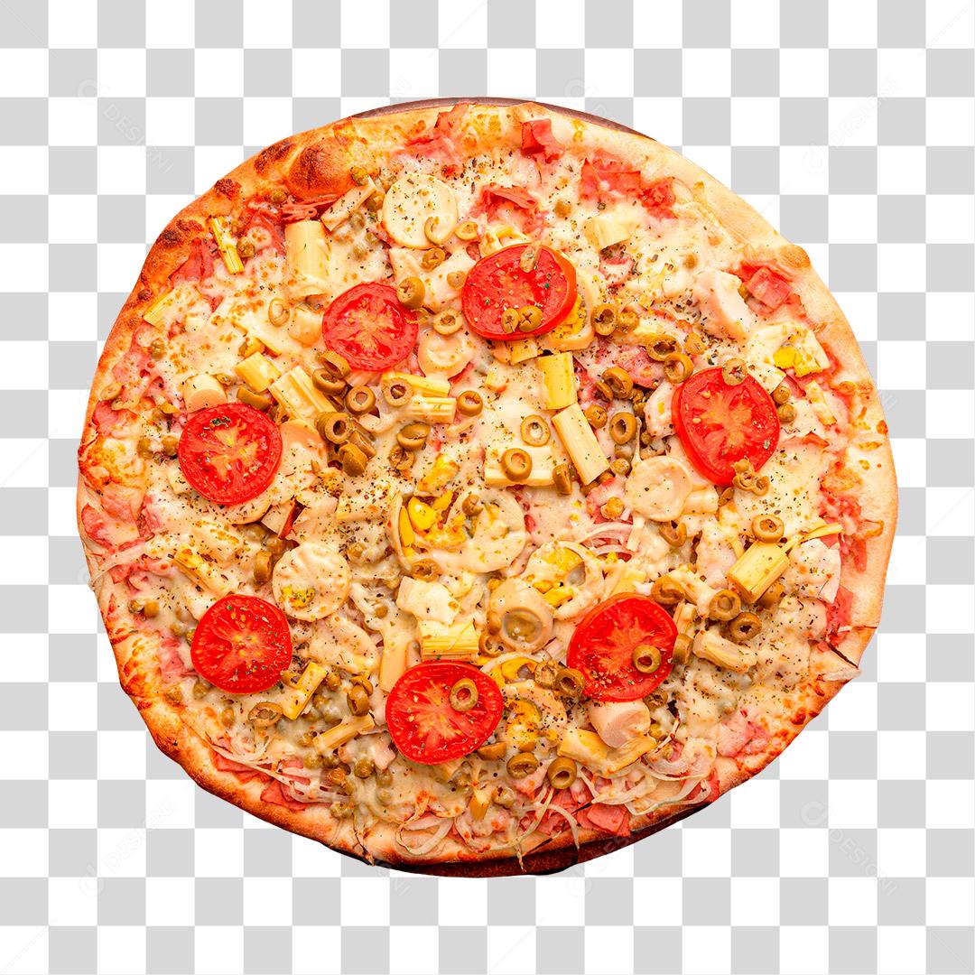 Pizza caseira com tomate azeitona queijo e outros ingredientes PNG Transparente