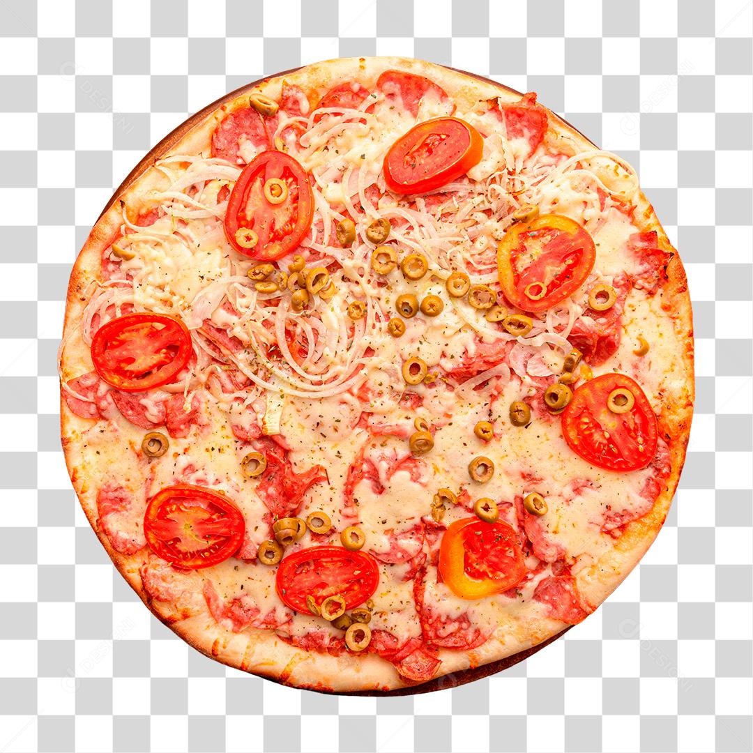 Pizza caseira com tomate azeitona queijo e outros ingredientes PNG Transparente
