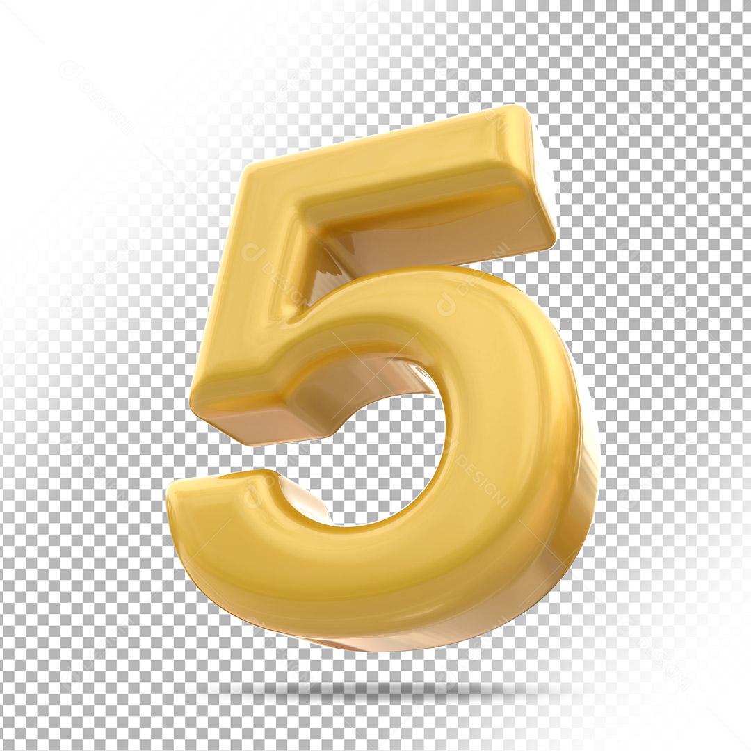 Número 3D 5 Dourado Para Composição PSD