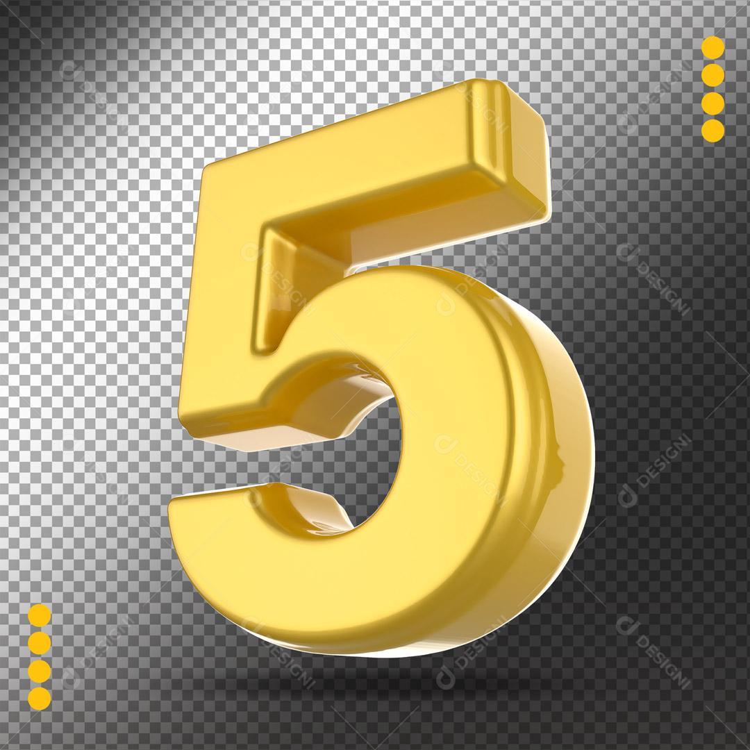 Número 3D 5 Dourado Para Composição PSD