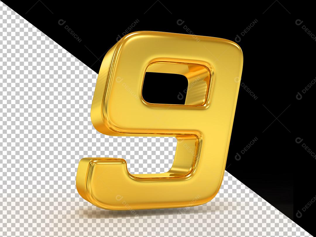 Elemento 3D Número 9 Dourado Para Composição PSD