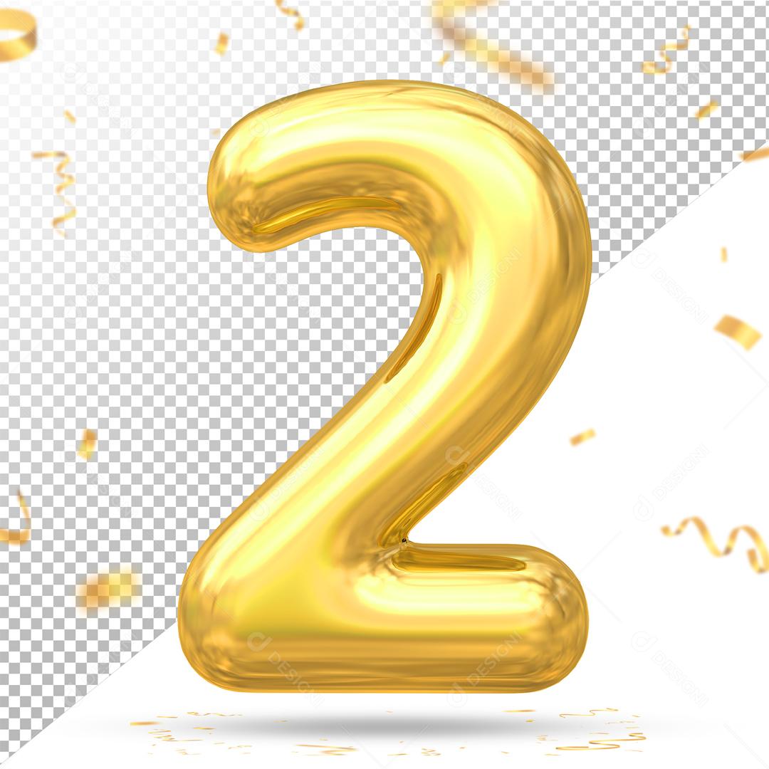 Número 2 Dourado Elemento 3D Para Composição PSD