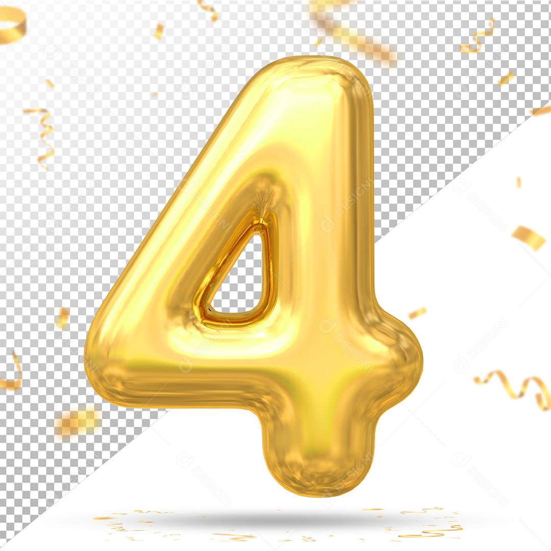 Número 4 Dourado Elemento 3D Para Composição PSD