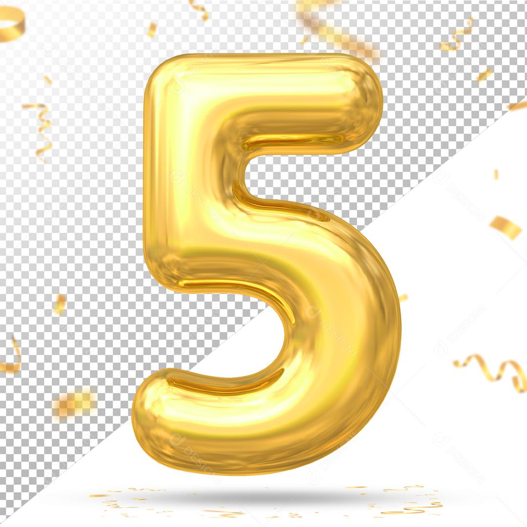 Número 5 Dourado Elemento 3D Para Composição PSD