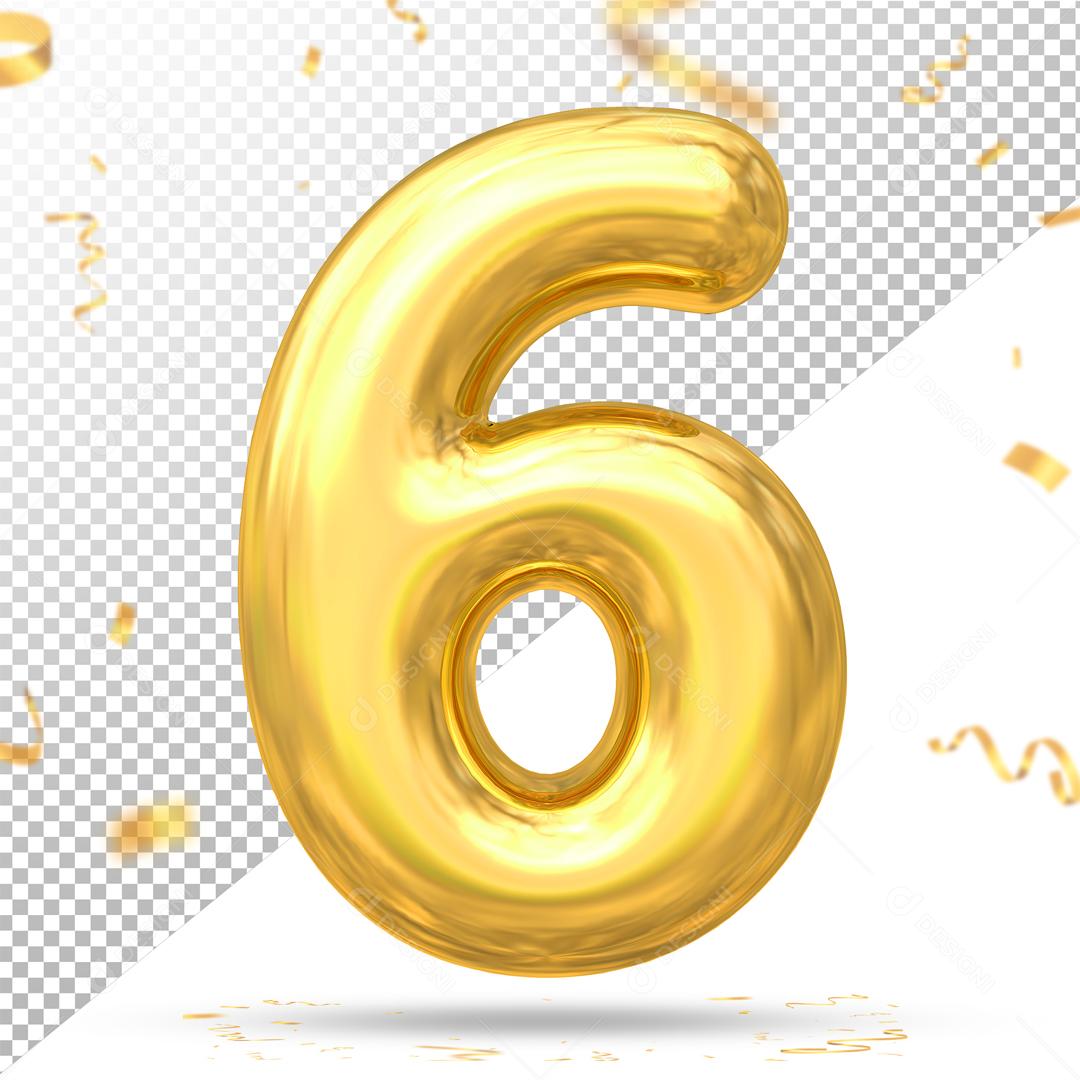 Número 6 Dourado Elemento 3D Para Composição PSD