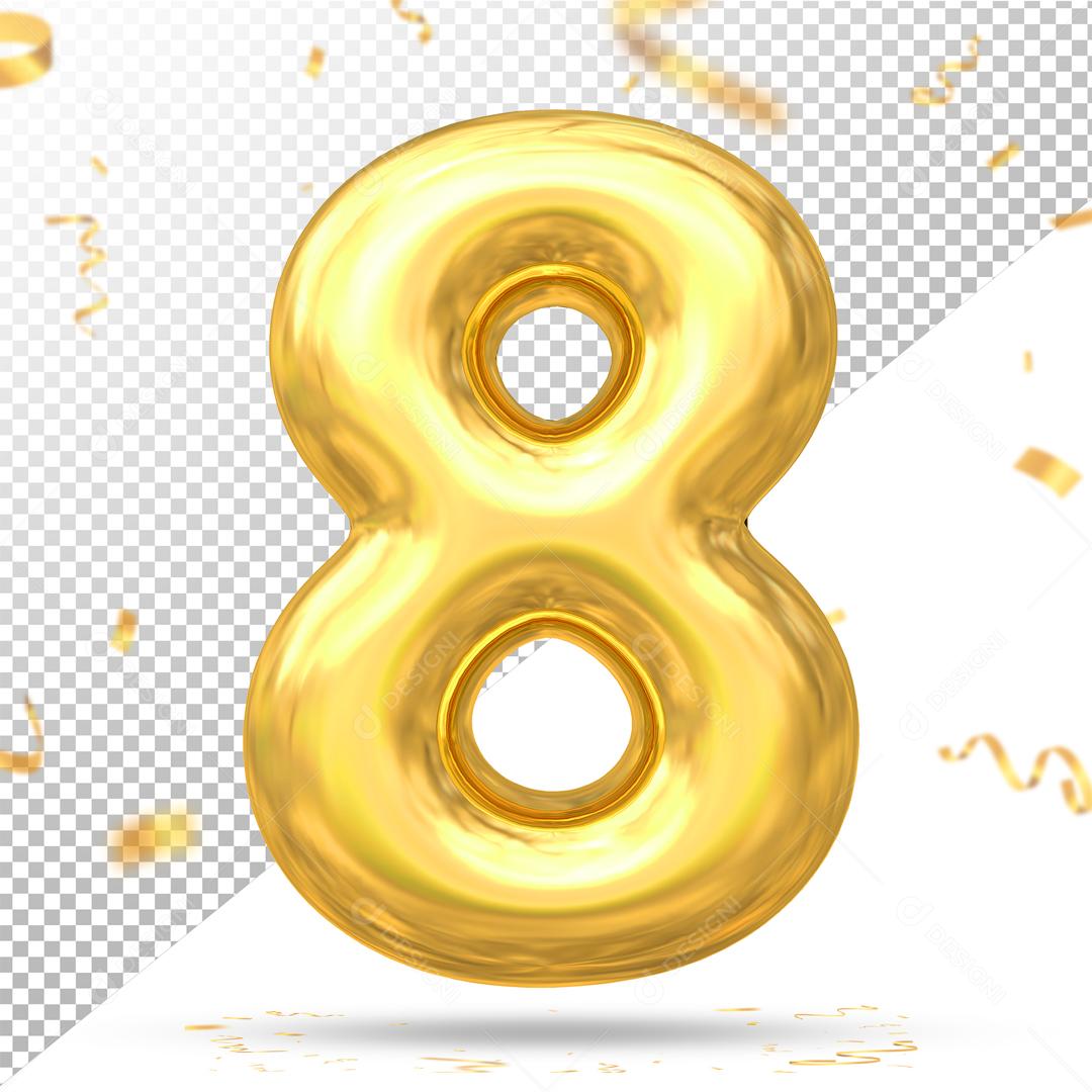 Número 8 Dourado Elemento 3D Para Composição PSD