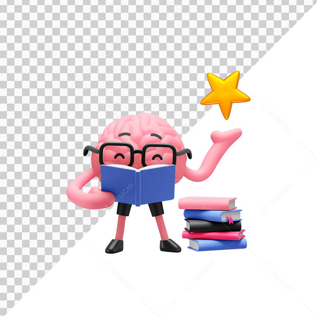 Elemento Para Composição Celebro 3D Lendo Livro Azul PSD Editável
