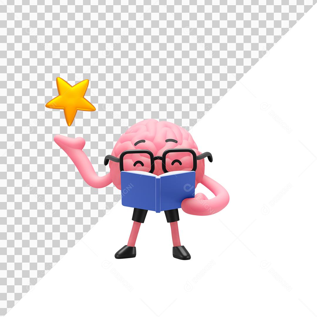 Elemento Para Composição Celebro 3D Lendo Livro Azul PSD Editável