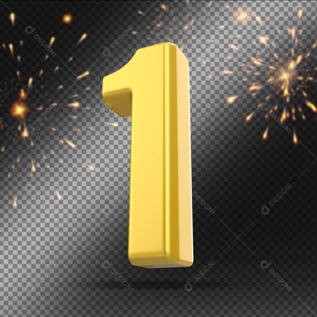 Número 3D 1 Dourado Para Composição PSD