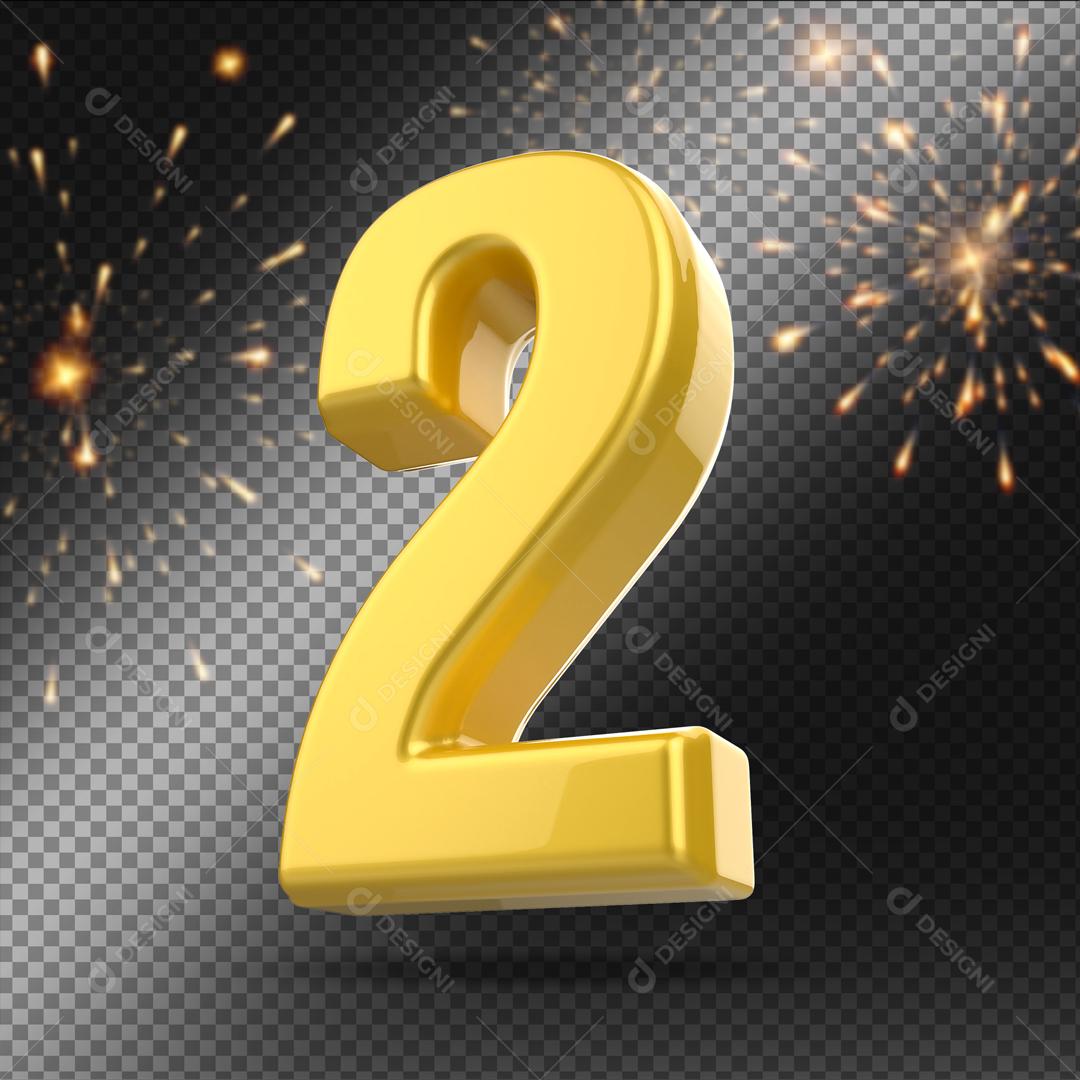 Número 3D 2 Dourado Para Composição PSD