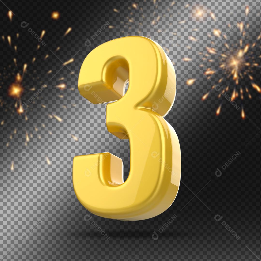 Número 3D 3 Dourado Para Composição PSD