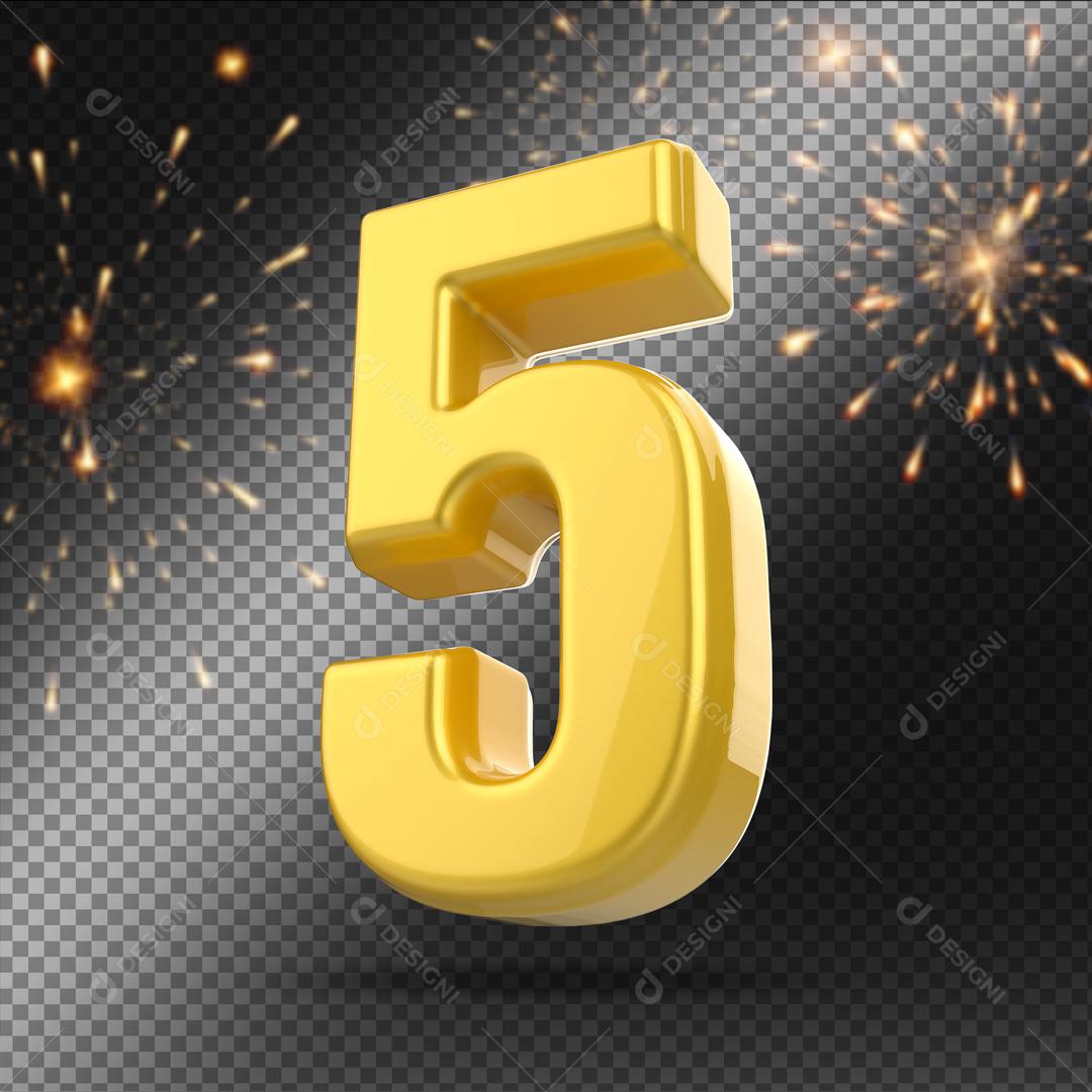 Número 3D 5 Dourado Para Composição PSD