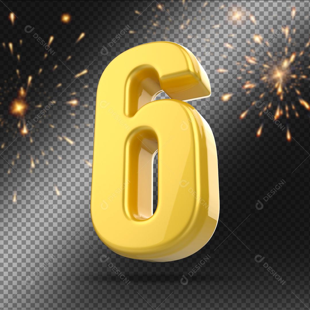 Número 3D 6 Dourado Para Composição PSD