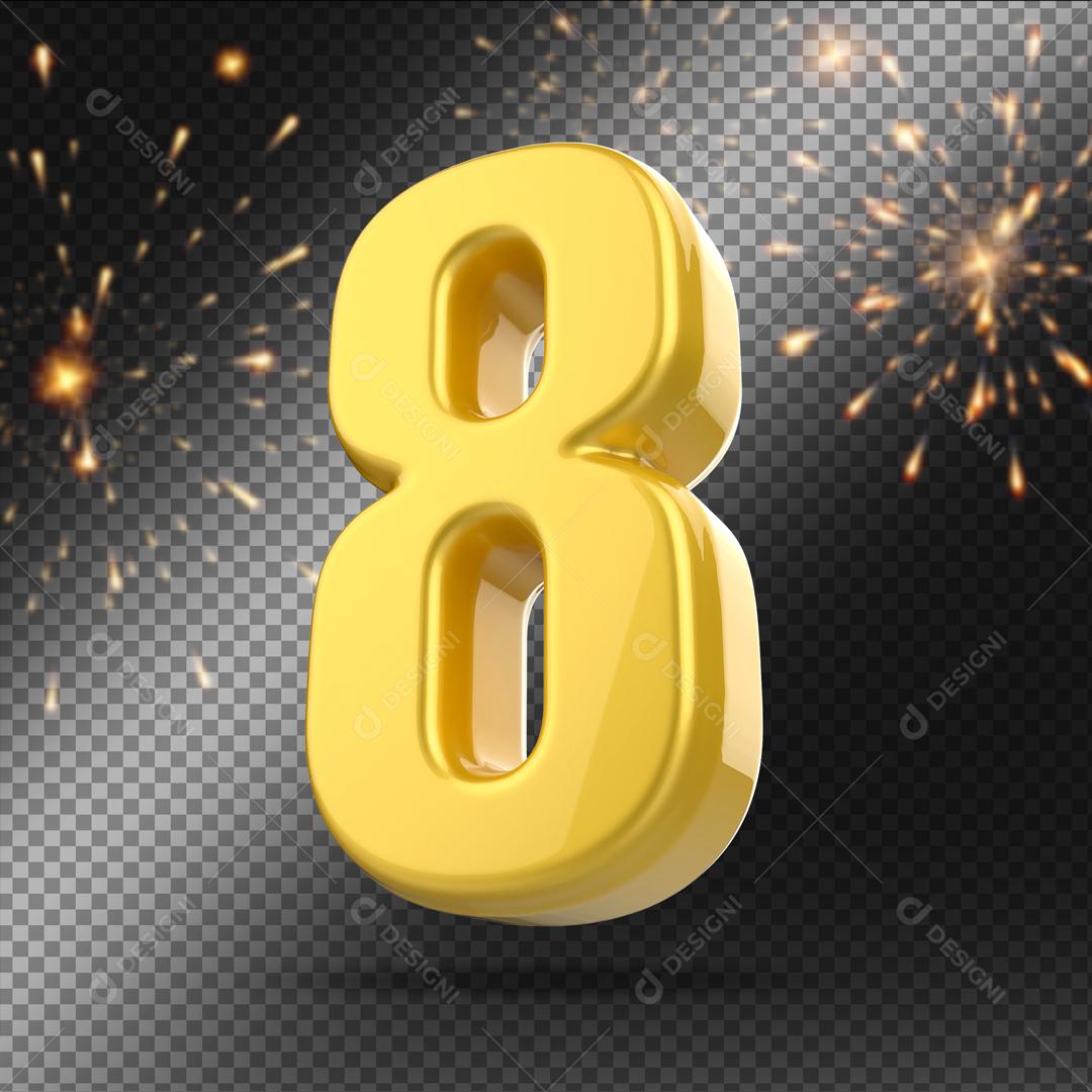 Número 3D 8 Dourado Para Composição PSD