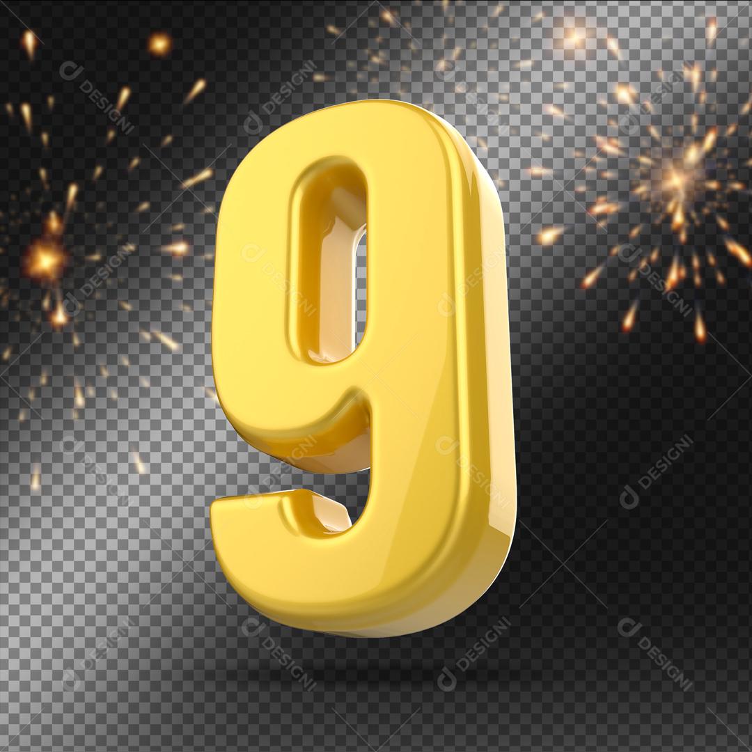 Número 3D 9 Dourado Para Composição PSD