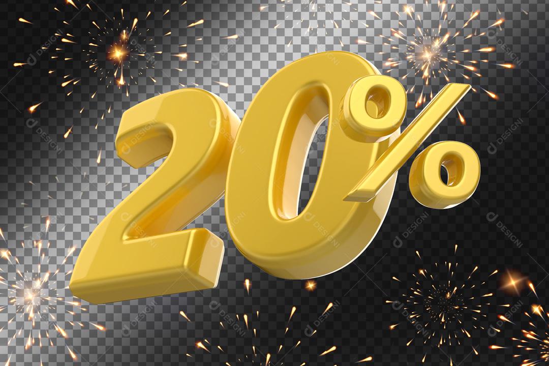 Número 20% Dourado Elemento 3D Para Composição PSD
