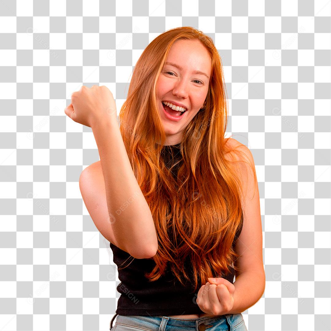 Mulher ruiva com expressão de alegre e feliz PNG Transparente