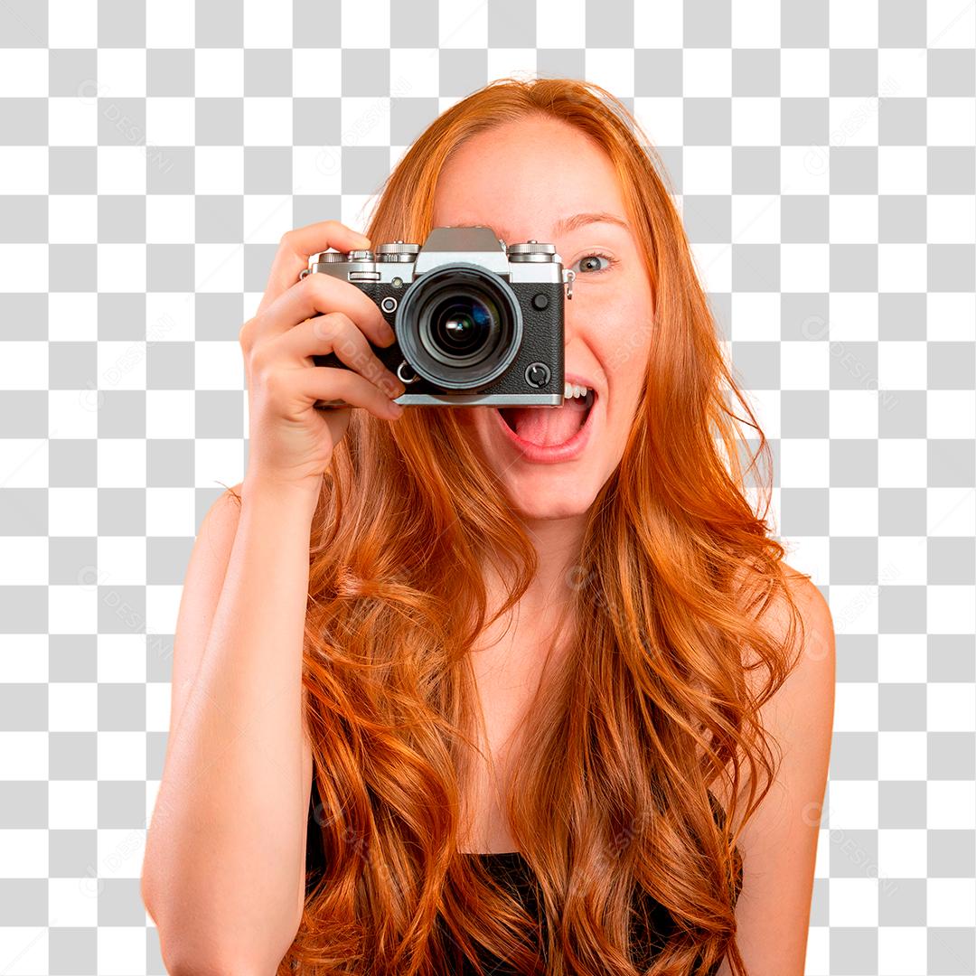 Mulher ruiva vestindo roupas pretas segurando a câmera vintage PNG Transparente