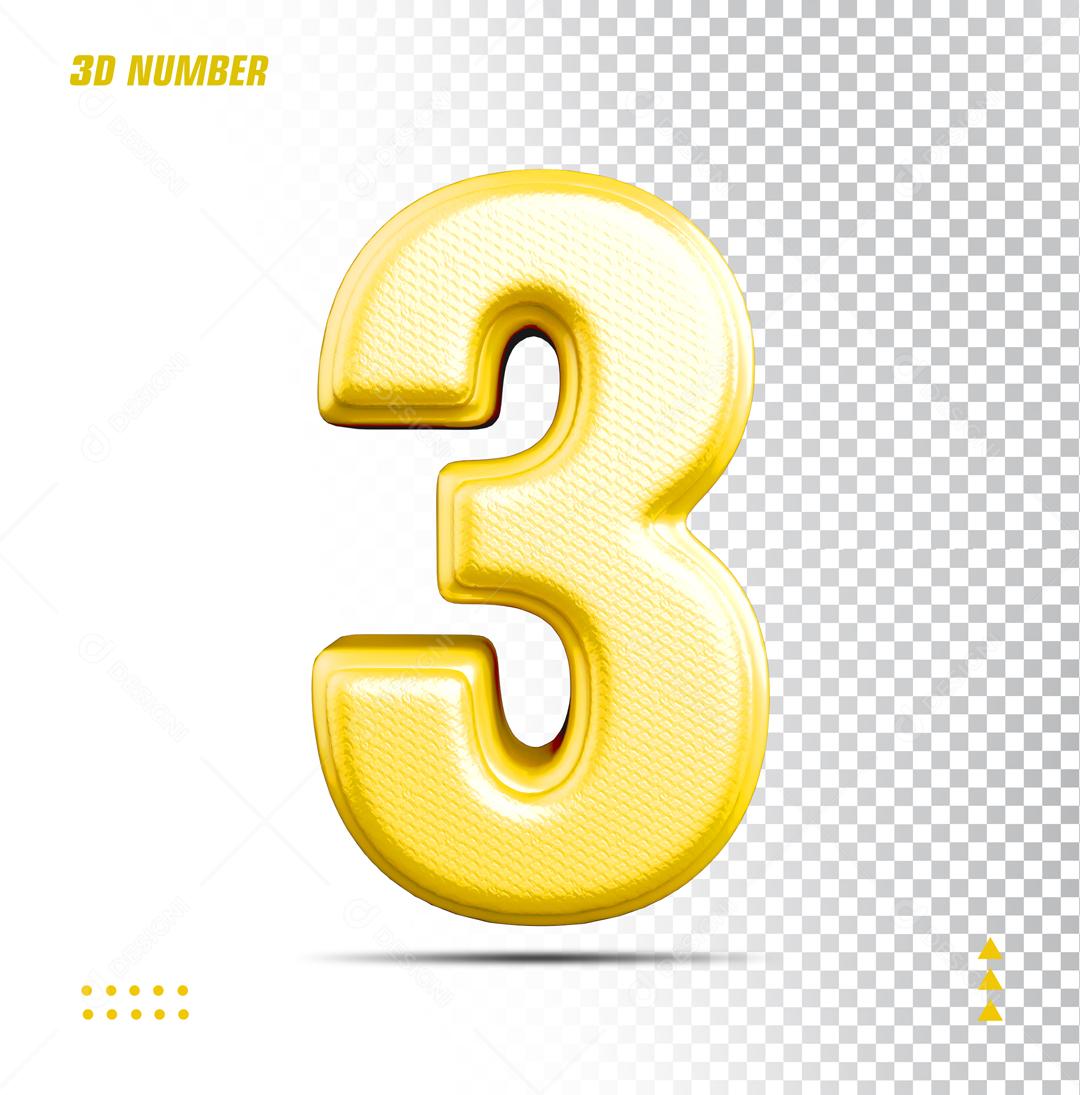 Número 3 Dourado Elemento 3D Para Composição PSD