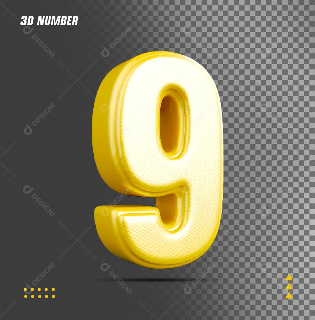 Número 9 3D Dourado Para Composição PSD