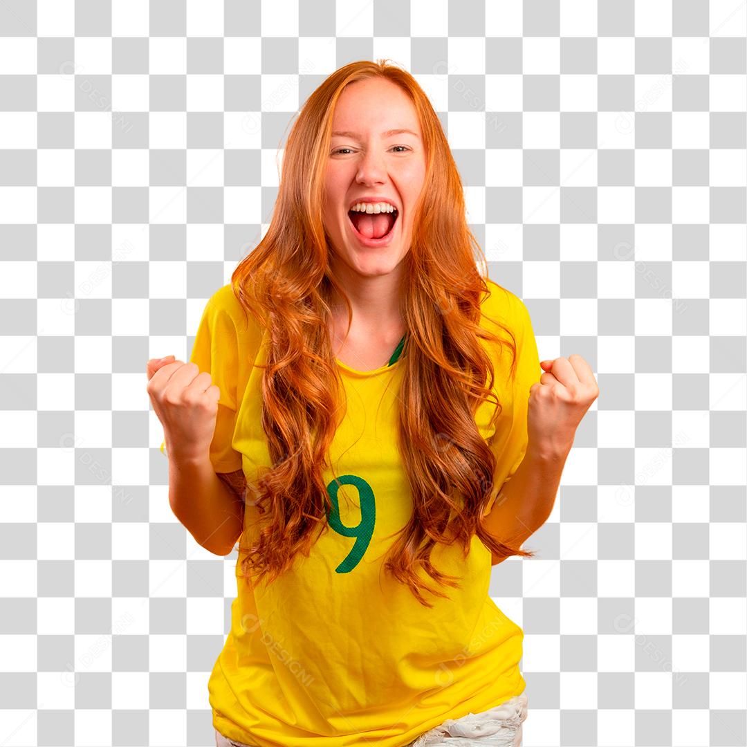 Torcedora do Brasil. Fã de ruiva brasileira comemorando PNG Transparente