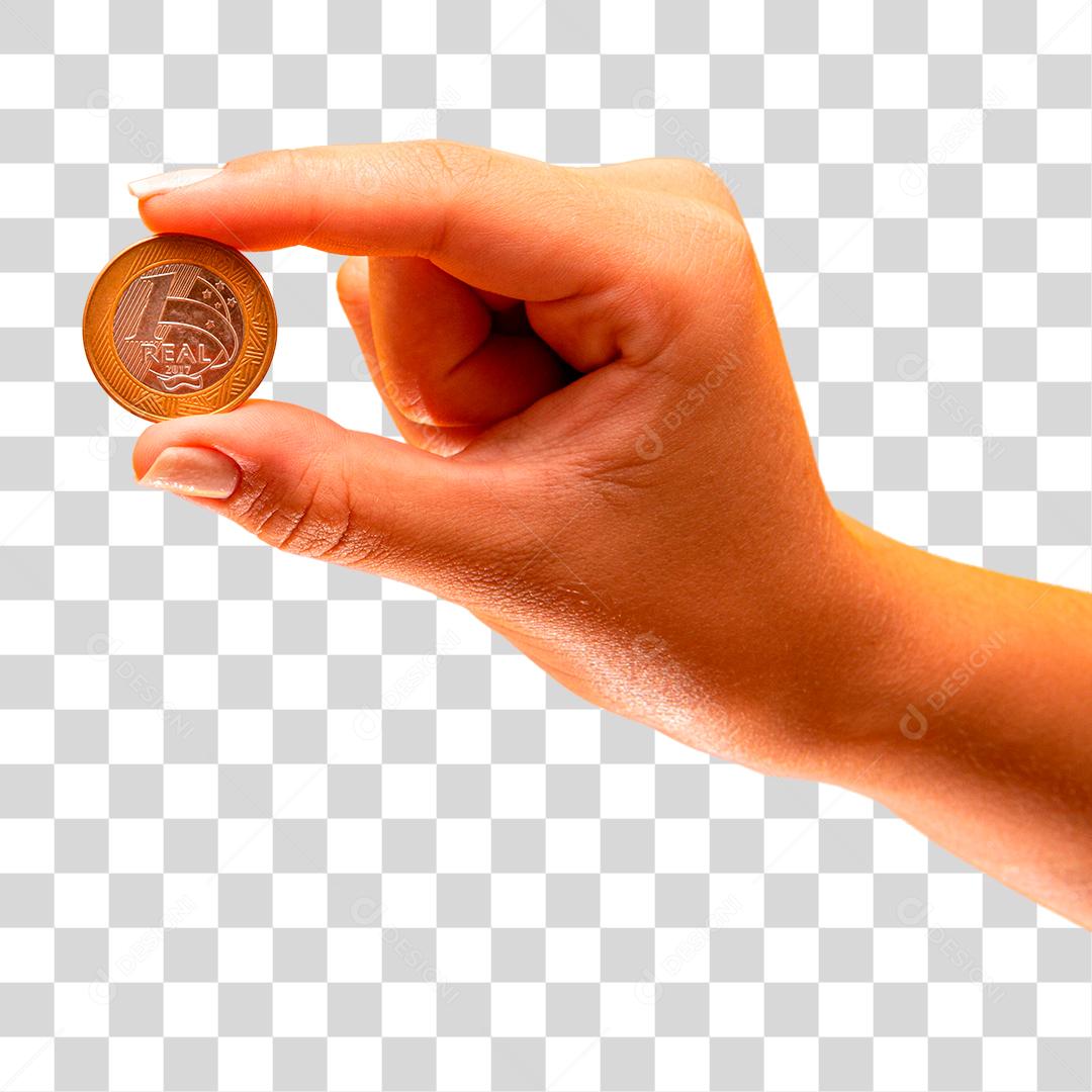 Mão segurando uma moeda real do Brasil em fundo amarelo PNG Transparente