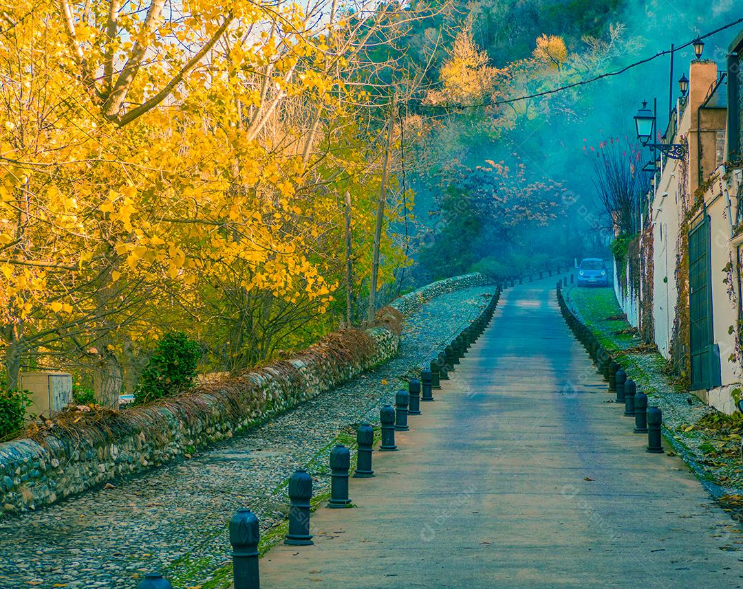 Rua colorida em Alhambra com neblina.